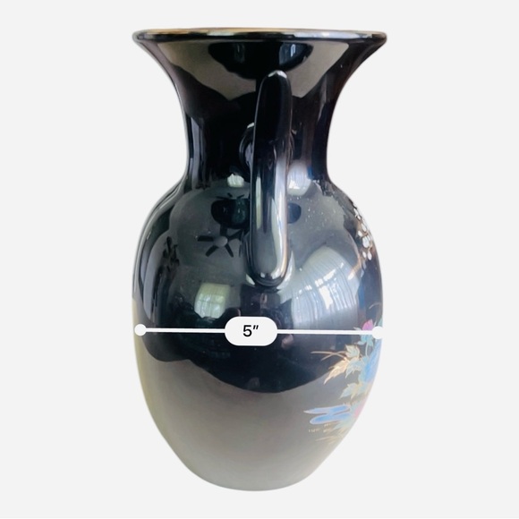 Vintage porcelain vase black hand painted floral bird detail wide handles/openin - Picture 11 of 12